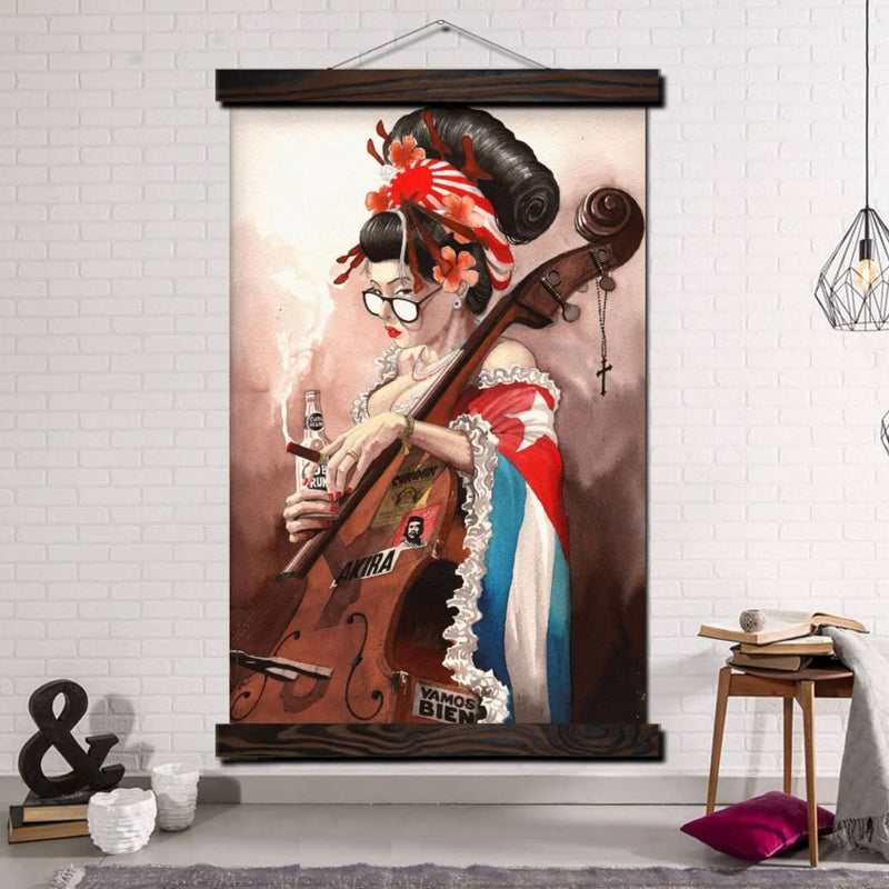 Japanese painting geisha and double bass