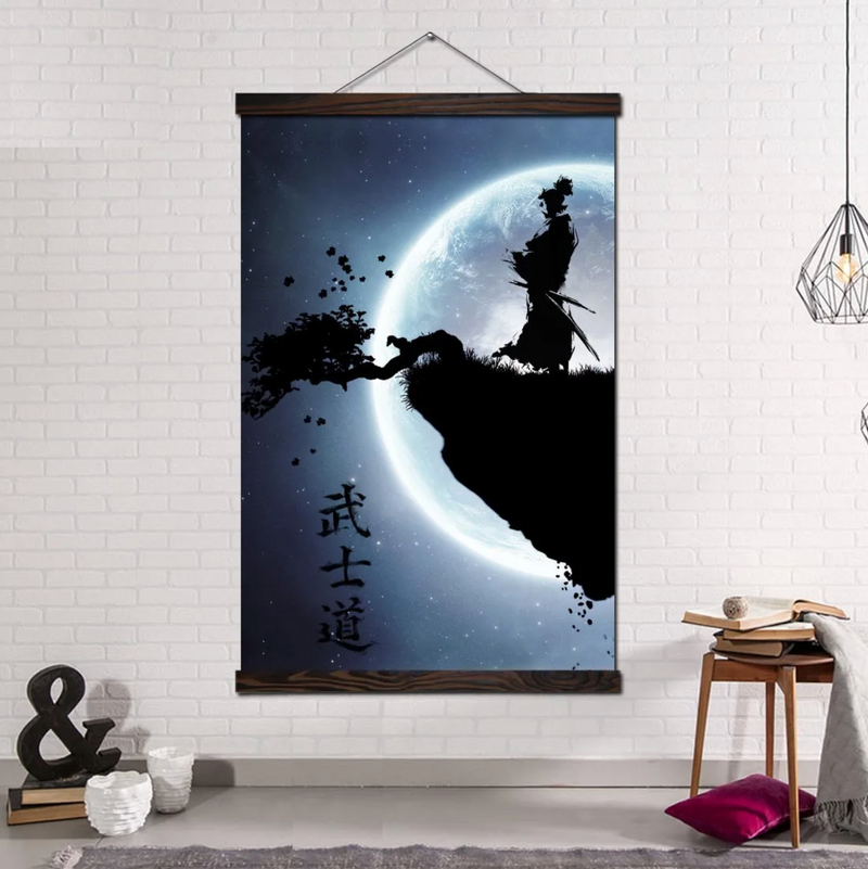 Japanese painting samurai full moon