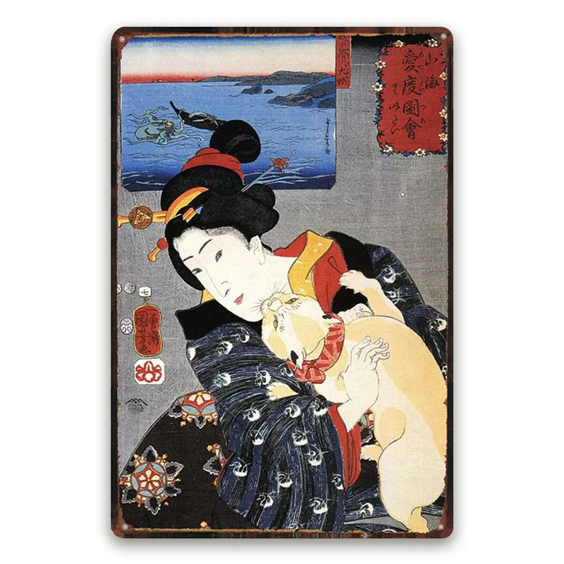 Japanese print woman and cat Au coeur du Japon