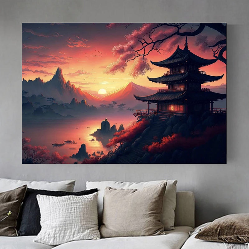 Japanese painting Mount Fuji sunset