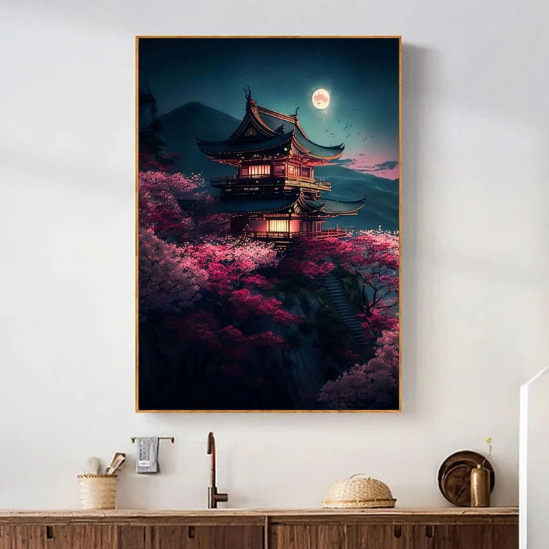 Japanese painting pagoda in the night