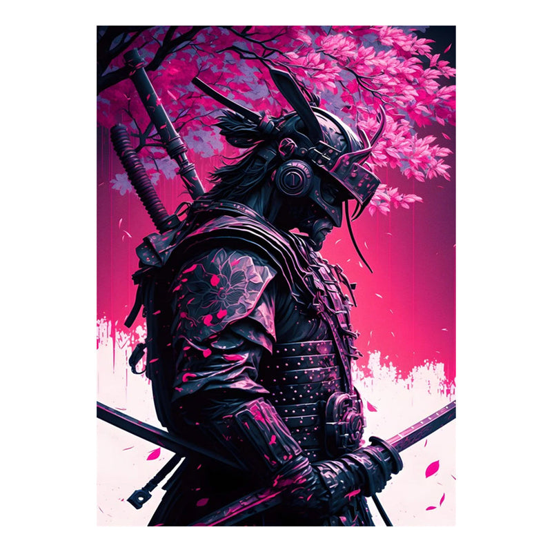 Japanese painting black samurai and pink cherry trees