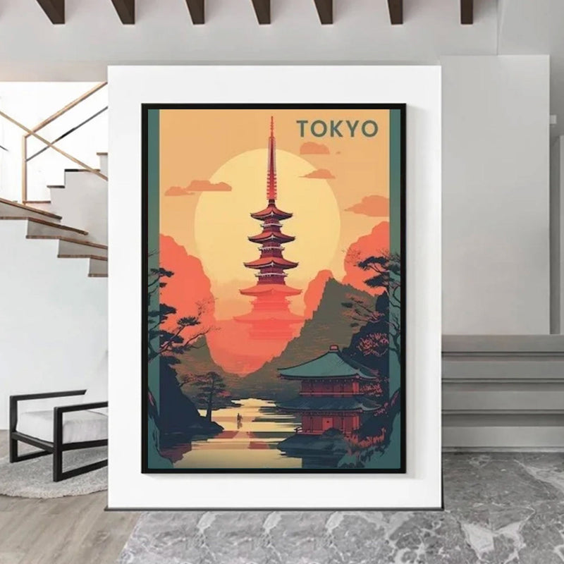 Vintage Japanese painting Tokyo landscape